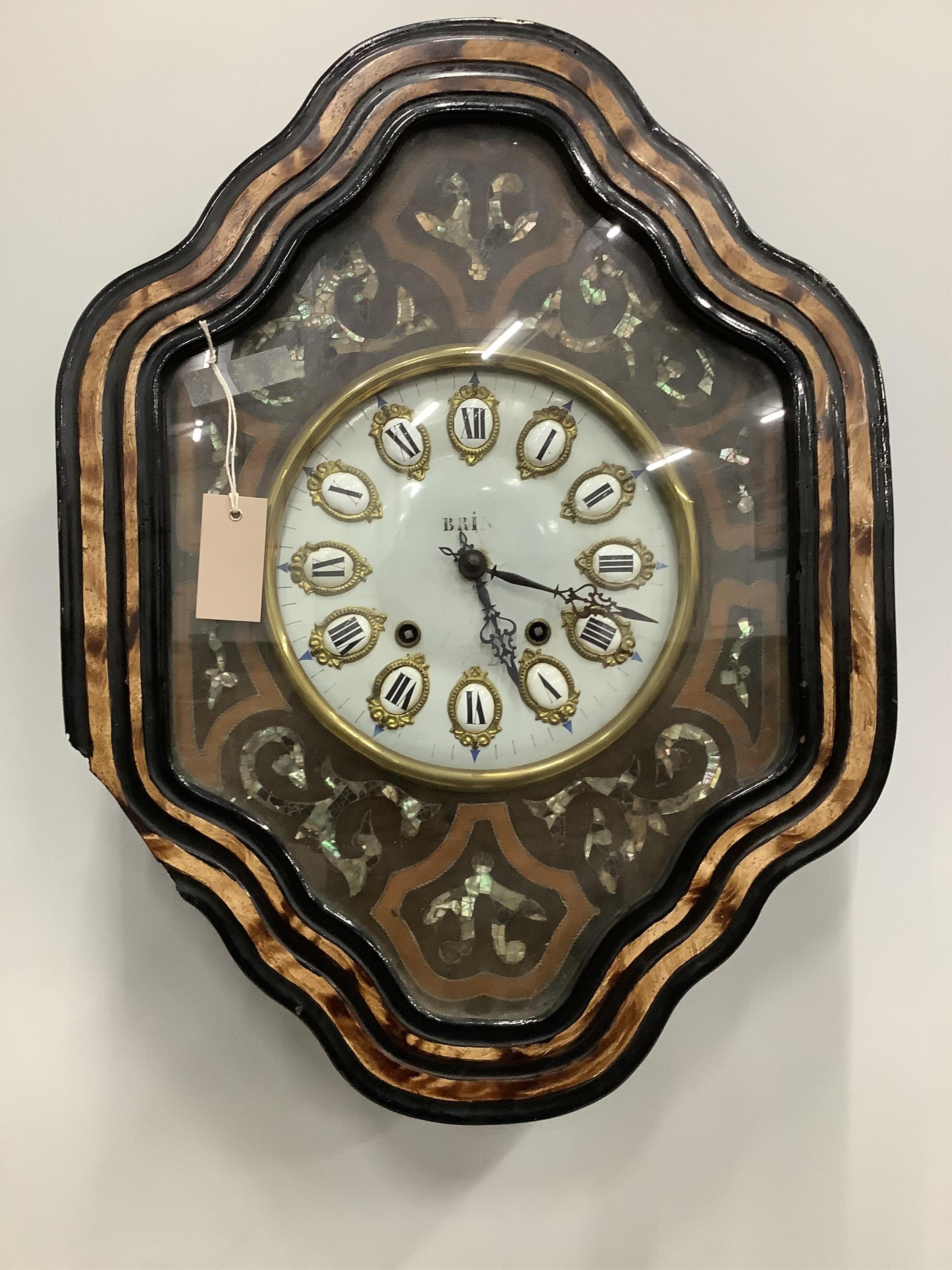 A 19th century French wall clock, width 46cm, height 61cm. Condition - fair but case lacking one corner section